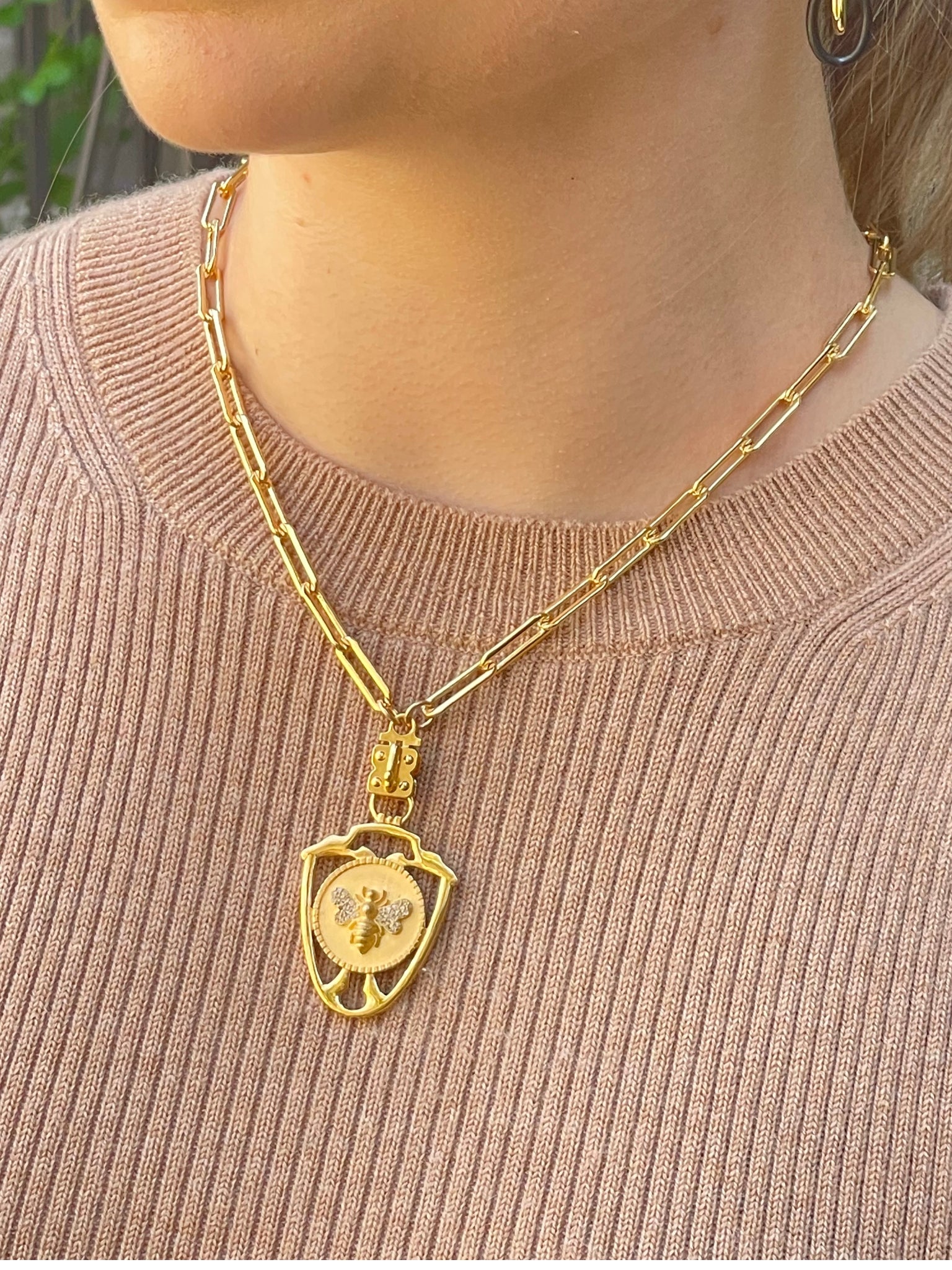 Diamond Winged Queen Bee Pendant within Shield Design – Sterling or Vermeil