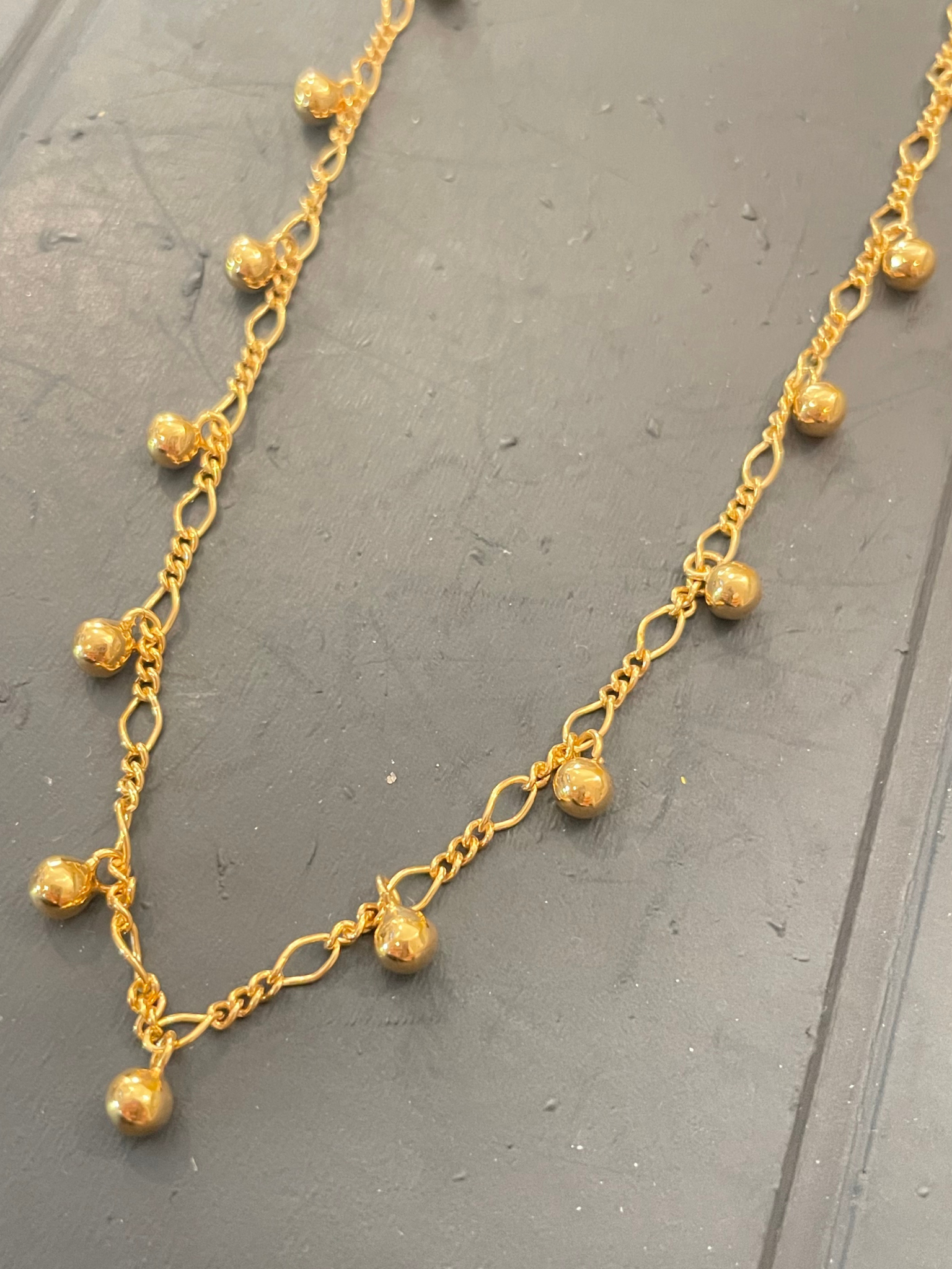 Clarice- Golden Ball Dangle Necklace on Dainty Figaro Chain – 14K Gold Filled