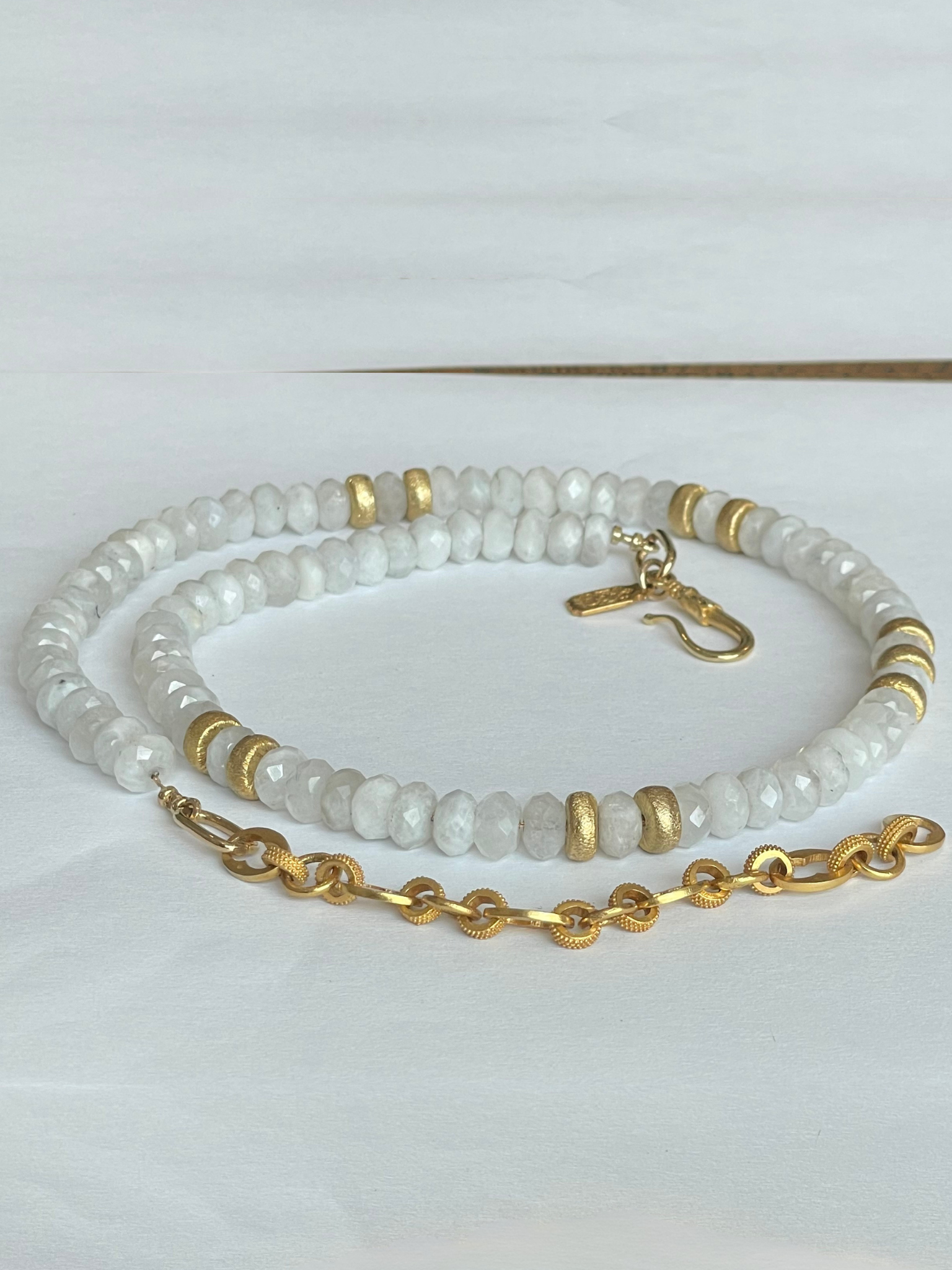 Natural Moonstone Saucers Necklace with Brushed Gold Roundel Accents – Gold-Filled & Vermeil