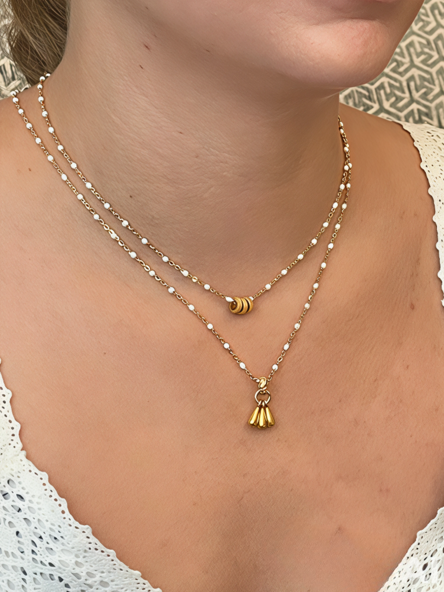 Three Gold Rings Enamel Bead Necklace, 14K GF | Sennod