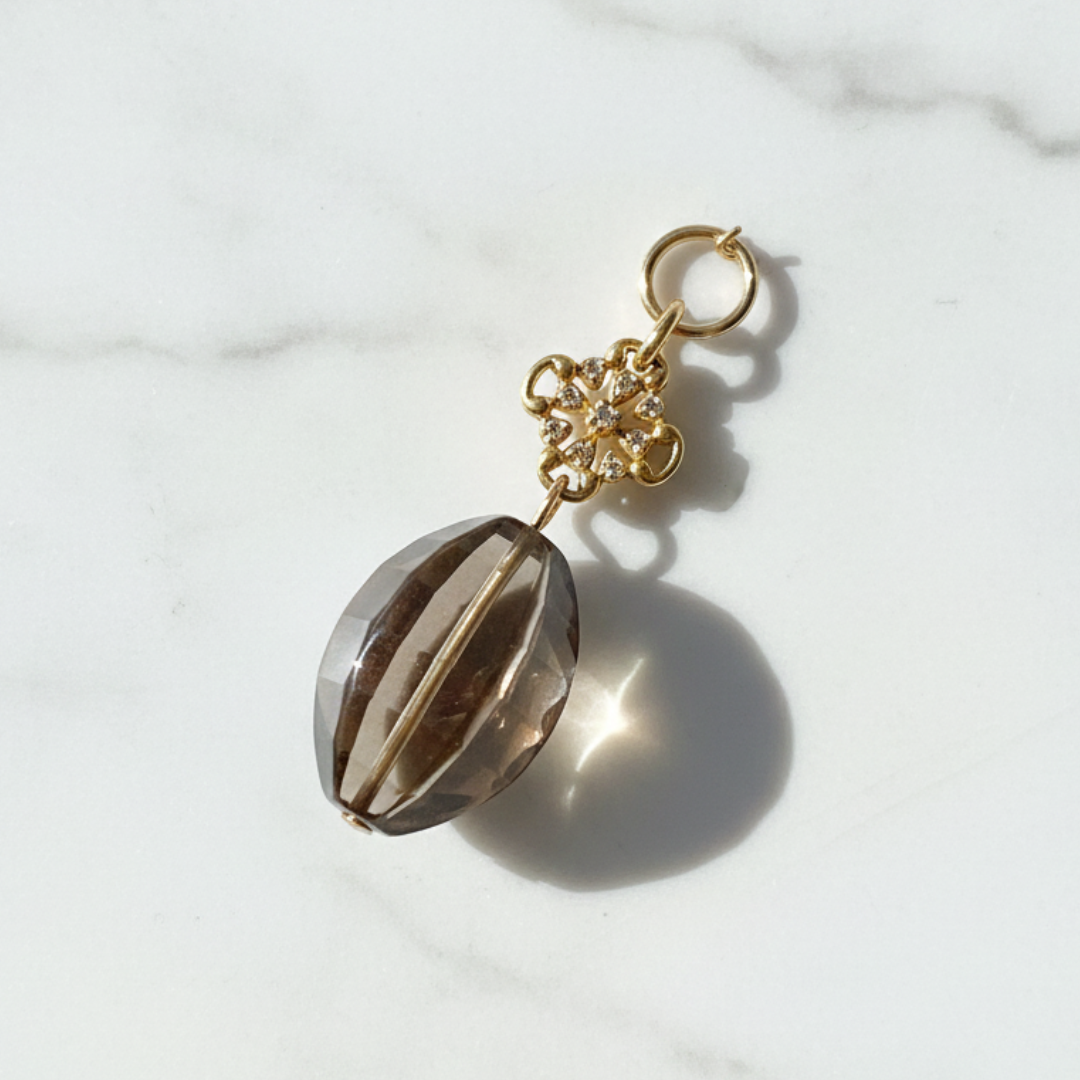 Melon-Shape Smoky Quartz Pendant with Diamond Clover Accents – Gold-Filled & Vermeil