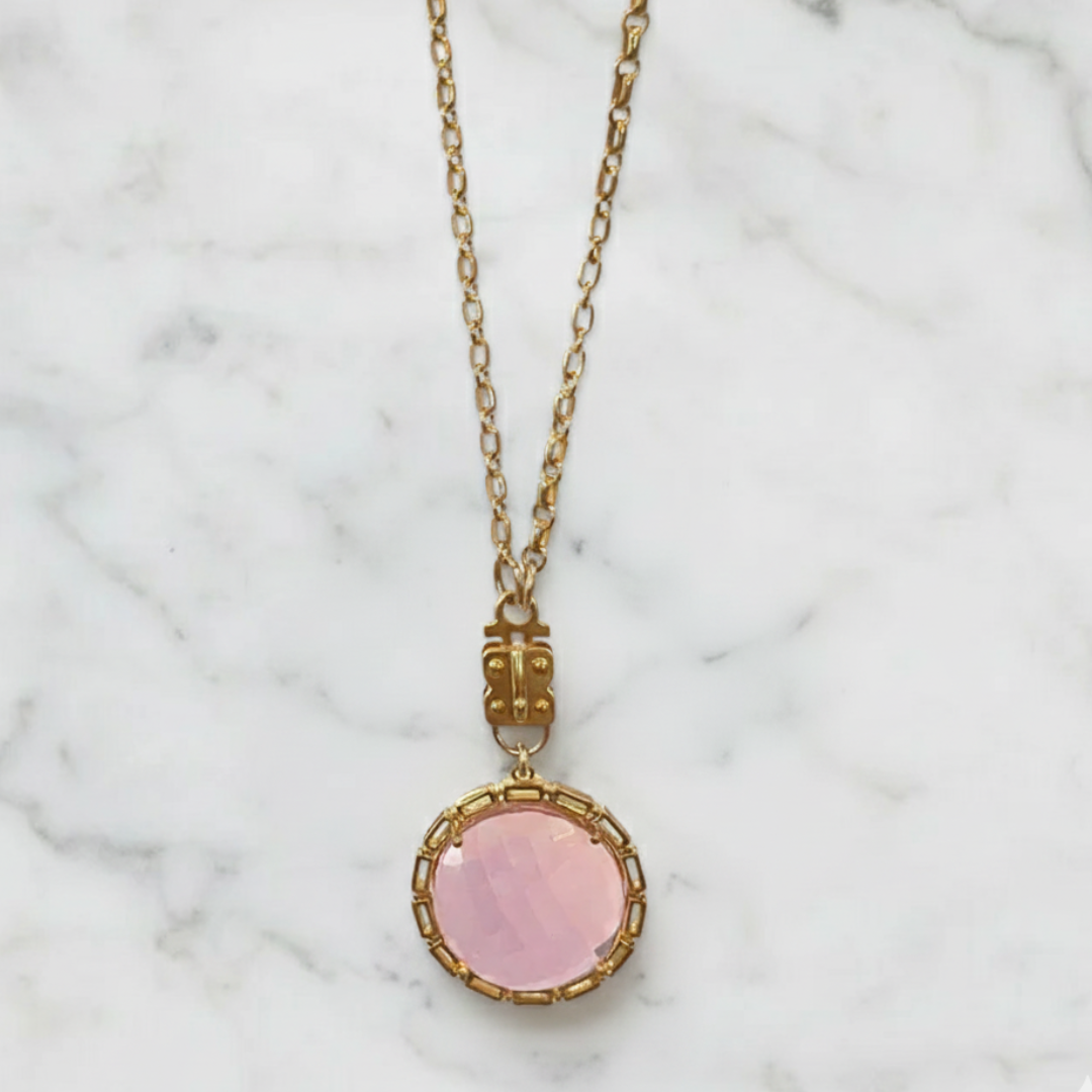 Maxine Round Vignette - Faceted Pink Quartz with Chain Bezel – Vermeil & Sterling