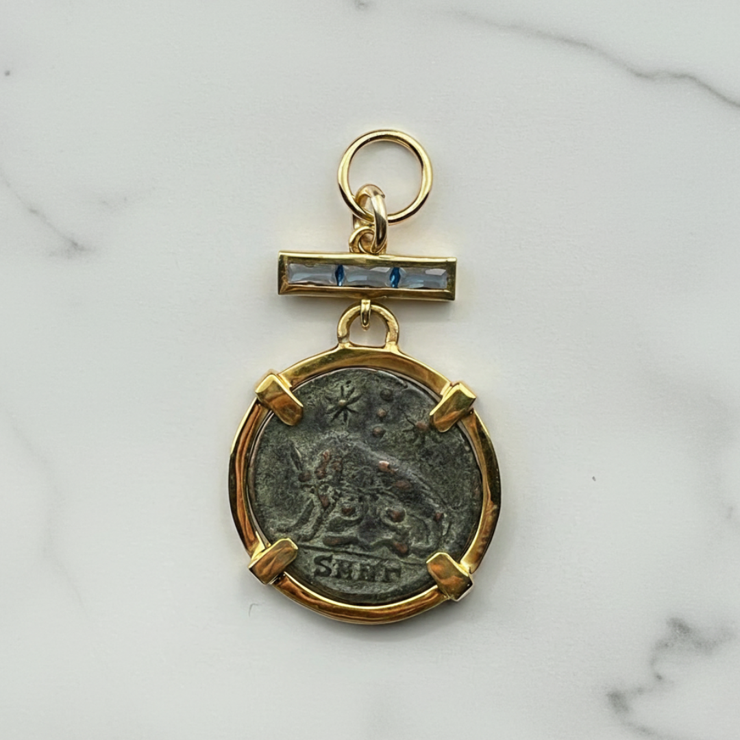 Roman "Romulus & Remus" Coin w/ Blue Topaz Bar