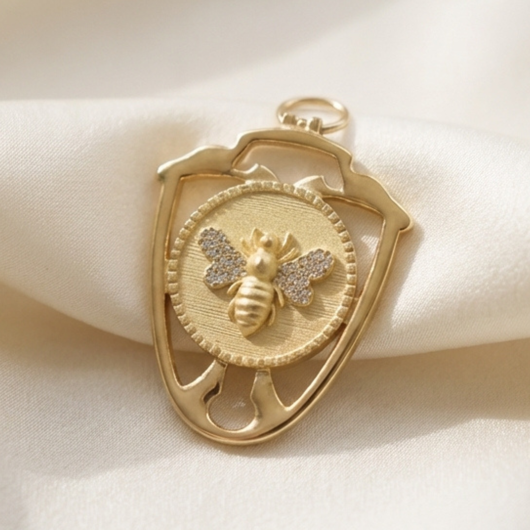 Diamond Winged Queen Bee Pendant within Shield Design – Sterling or Vermeil