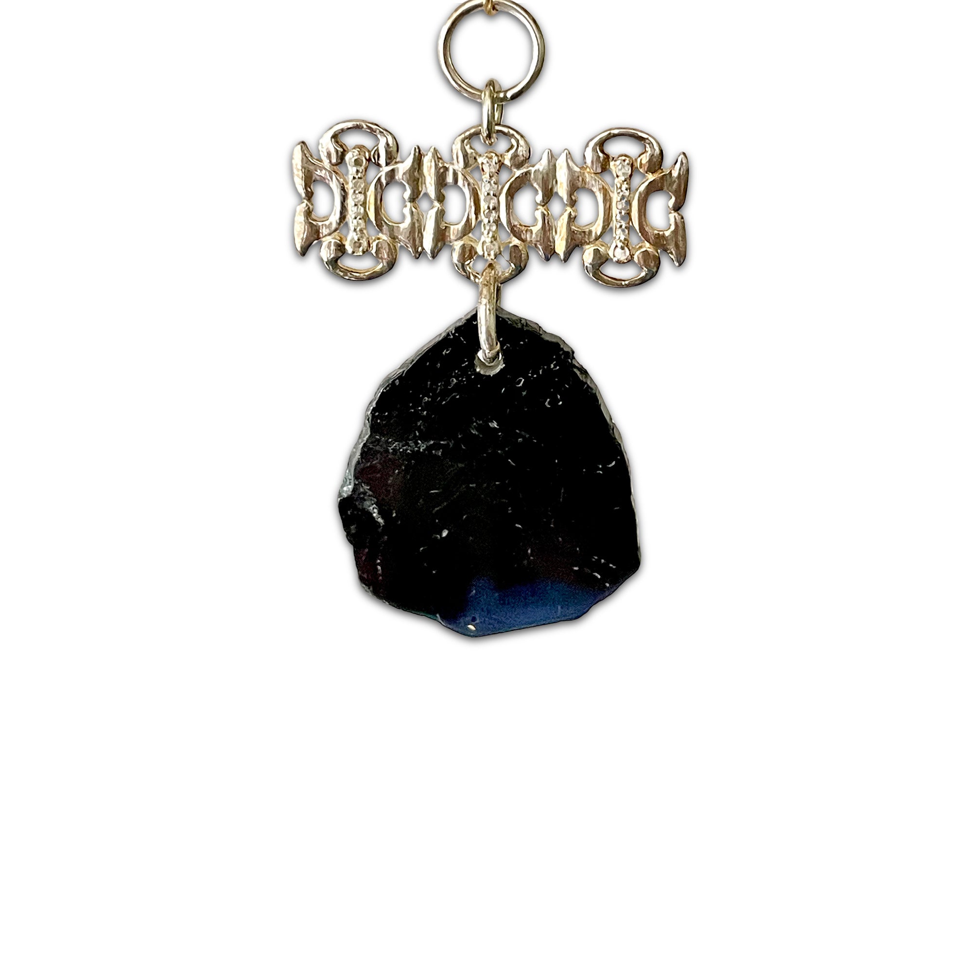 Polished Black Tourmaline Pendant with Silver Diamond Baronet Bar – Sterling Silver