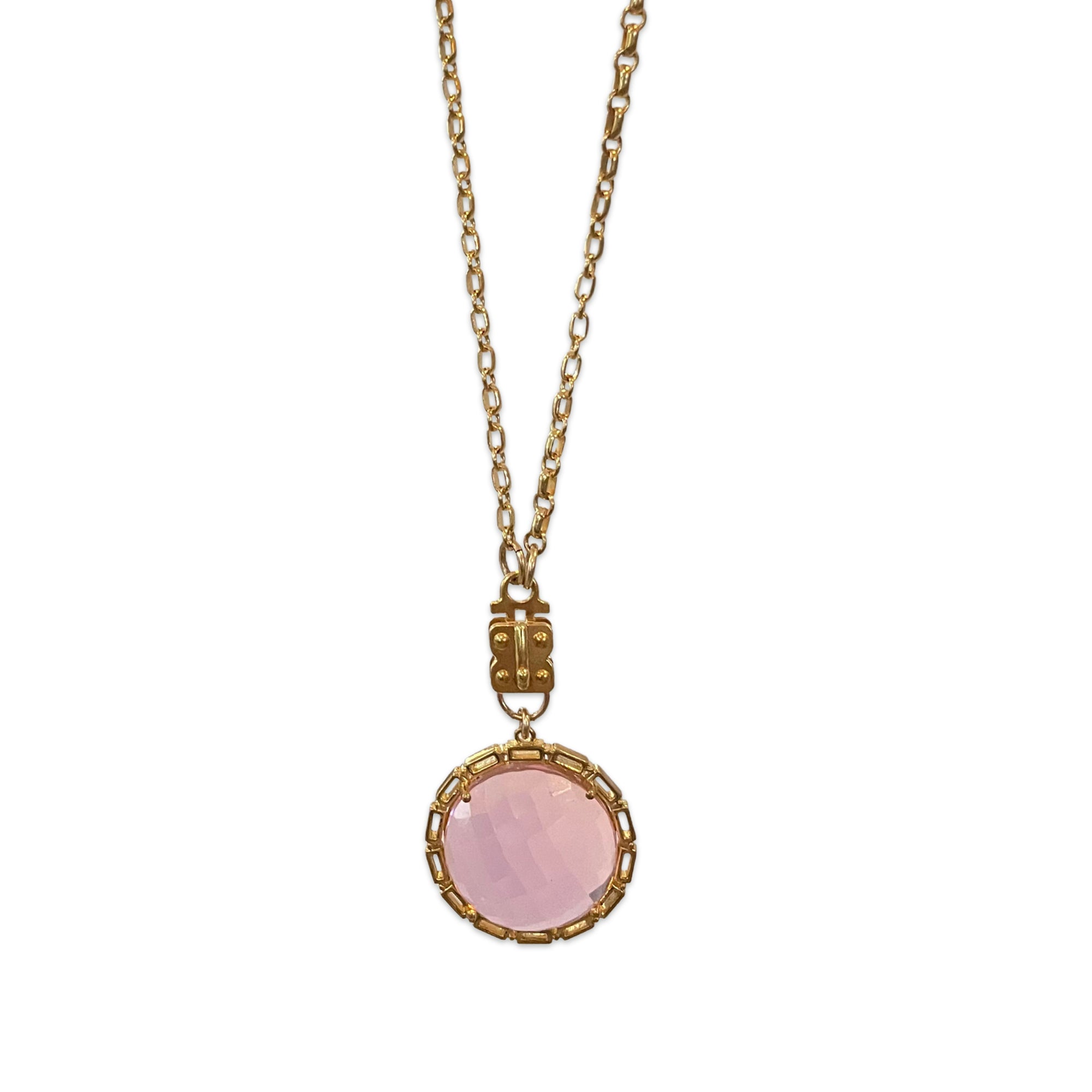 Maxine Round Vignette - Faceted Pink Quartz with Chain Bezel – Vermeil & Sterling