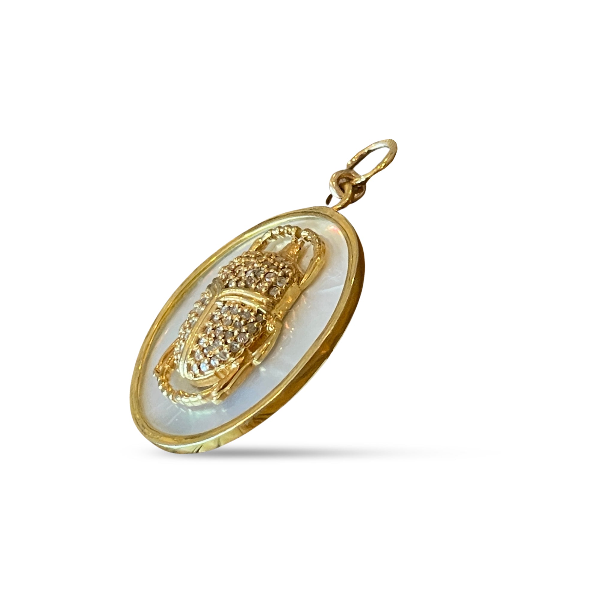 Diamond Scarab Pendant on Mother of Pearl Disc – Vermeil & Gold-Filled