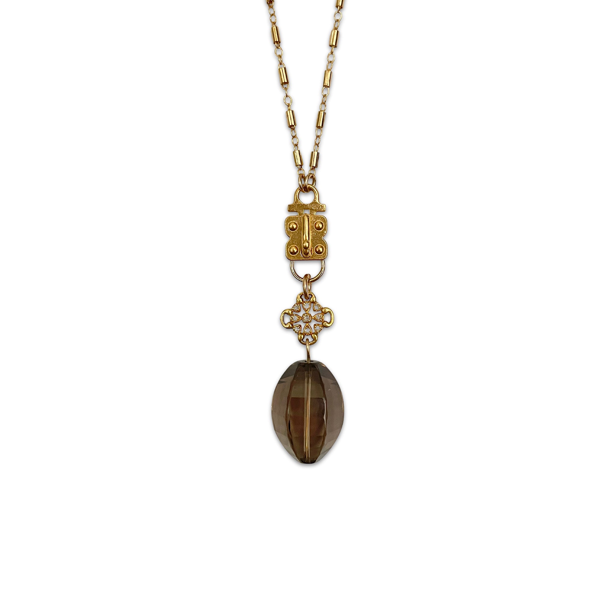 Melon-Shape Smoky Quartz Pendant with Diamond Clover Accents – Gold-Filled & Vermeil