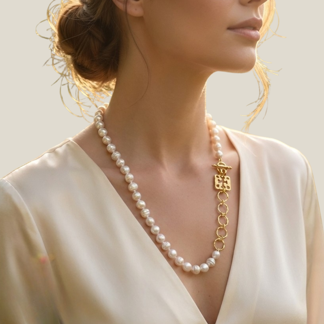 Woman wearing long gold pearl necklace with Roman pendant — Sennod