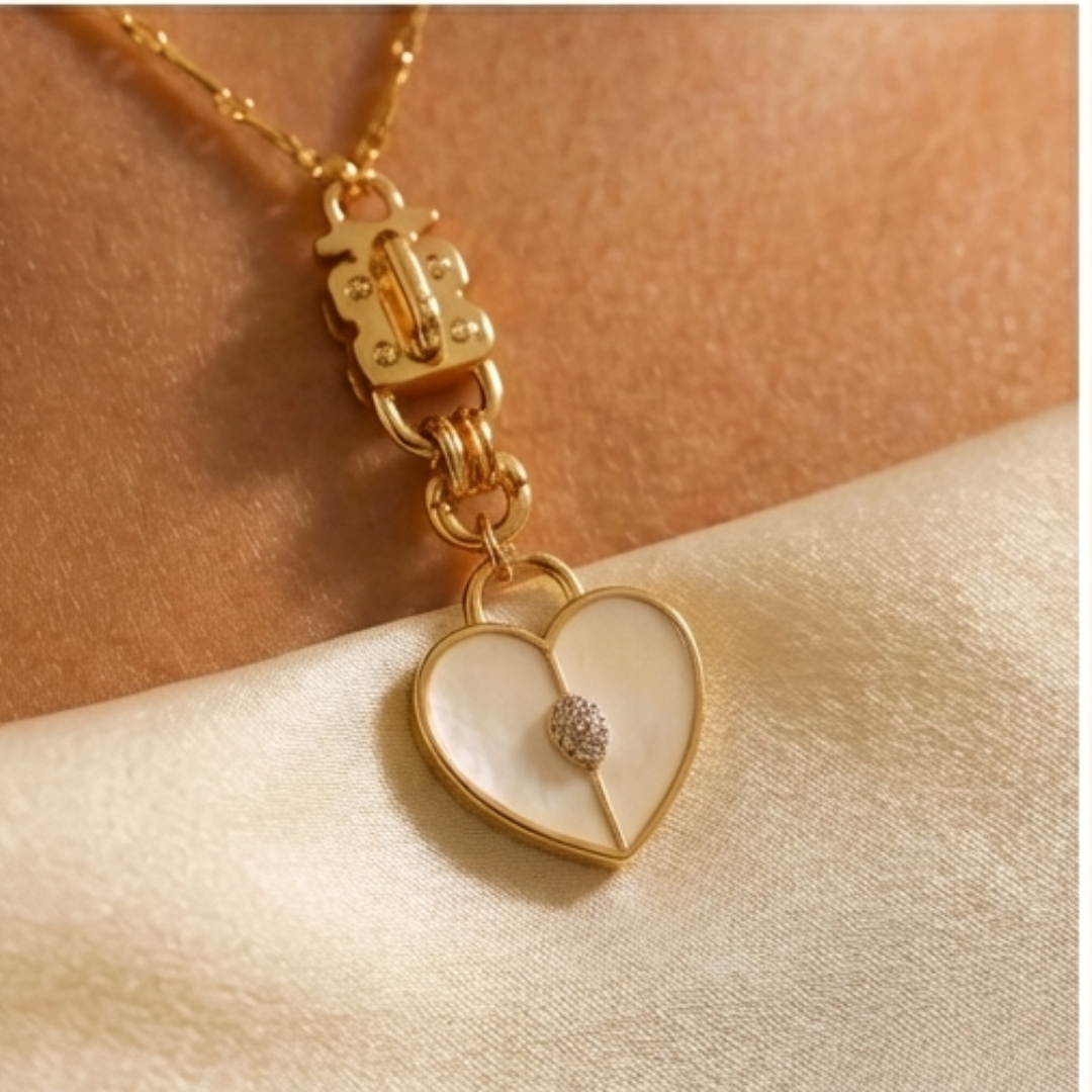 Model wearing the 'Love Me Heart' white enamel heart necklace