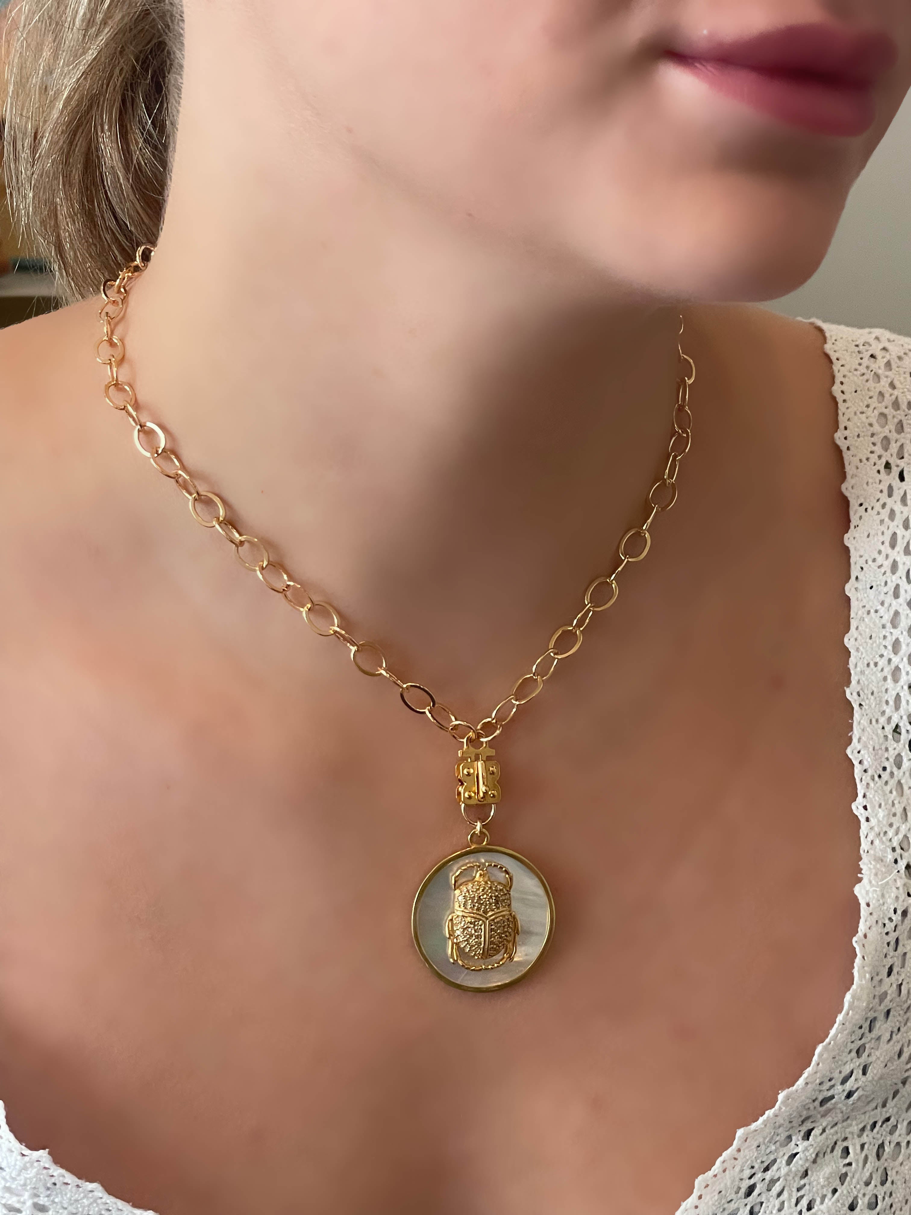 Diamond Scarab Pendant on Mother of Pearl Disc – Vermeil & Gold-Filled