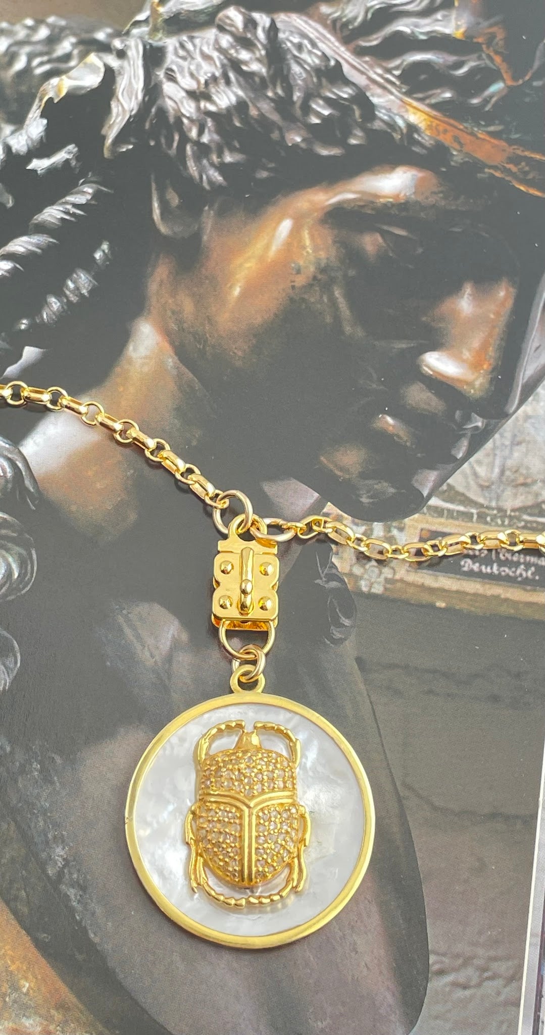 Diamond Scarab Pendant on Mother of Pearl Disc – Vermeil & Gold-Filled