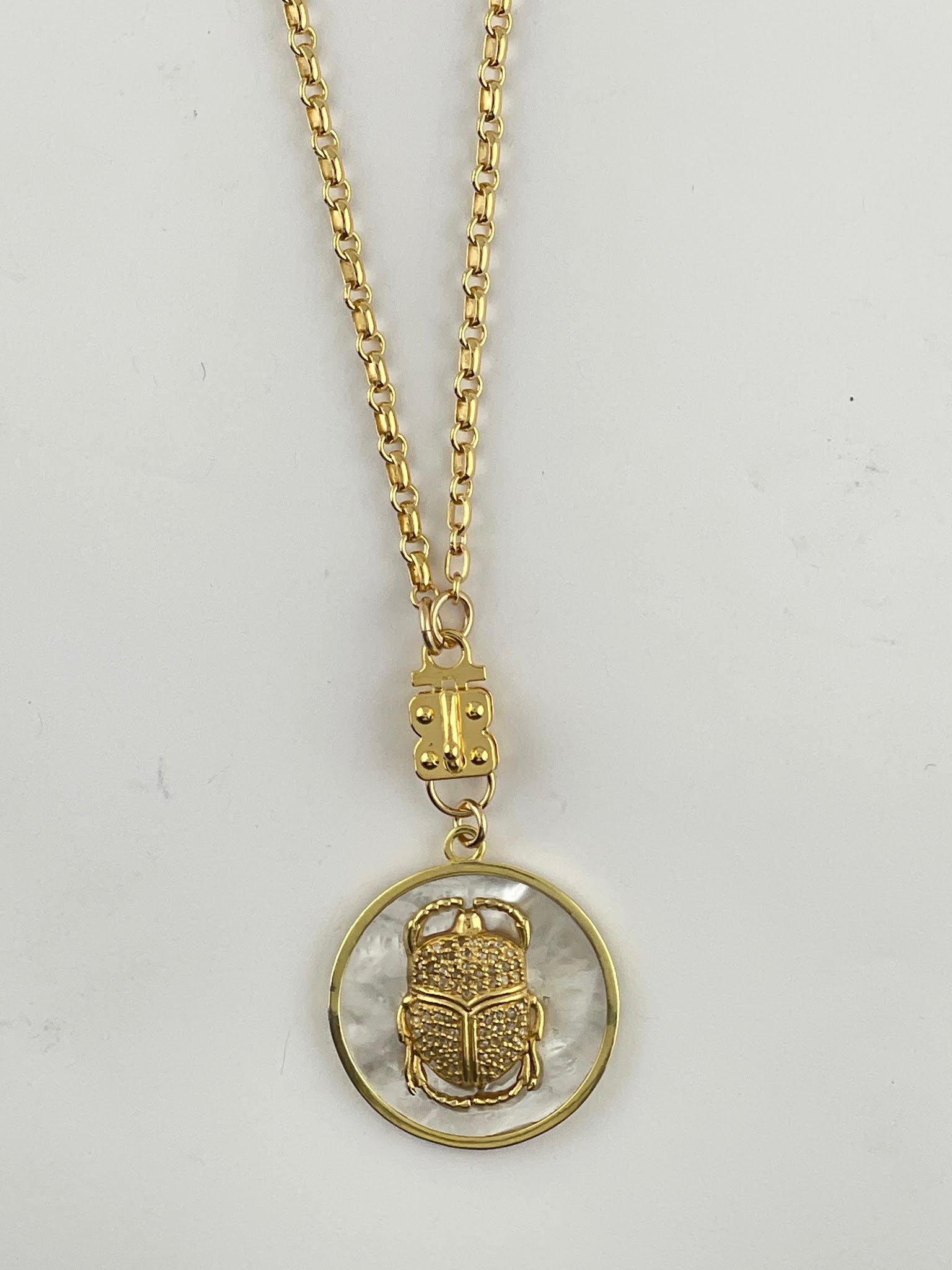 Diamond Scarab Pendant on Mother of Pearl Disc – Vermeil & Gold-Filled