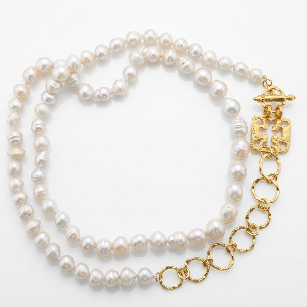 Pearl Necklace with Roman Replica Pendant, 38" Gold | Sennod