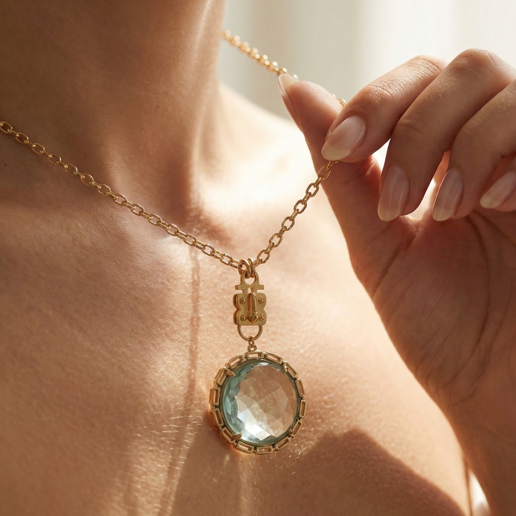 Maxine Round Vignette - Faceted Pink Quartz with Chain Bezel – Vermeil & Sterling