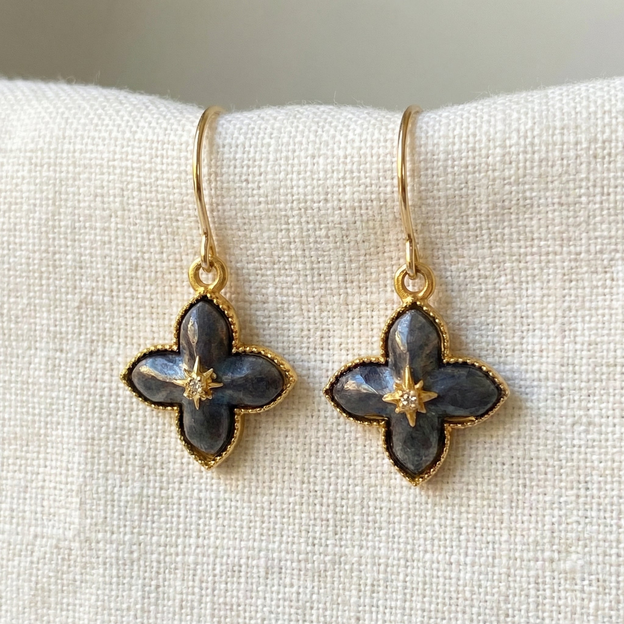 Puffed Clover Earrings with Center Diamond – Gold & Black Combo