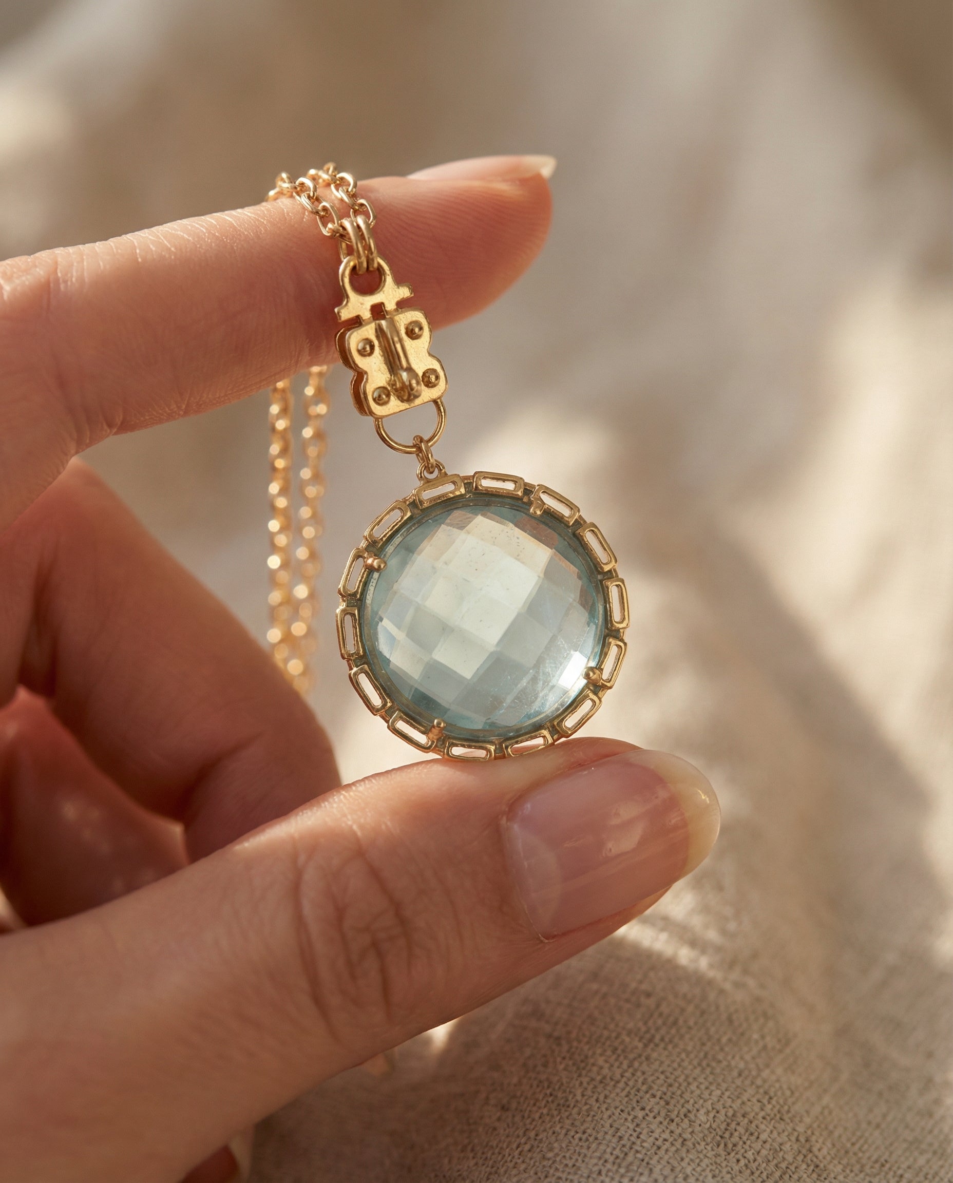 Maxine Round Vignette - Faceted Pink Quartz with Chain Bezel – Vermeil & Sterling