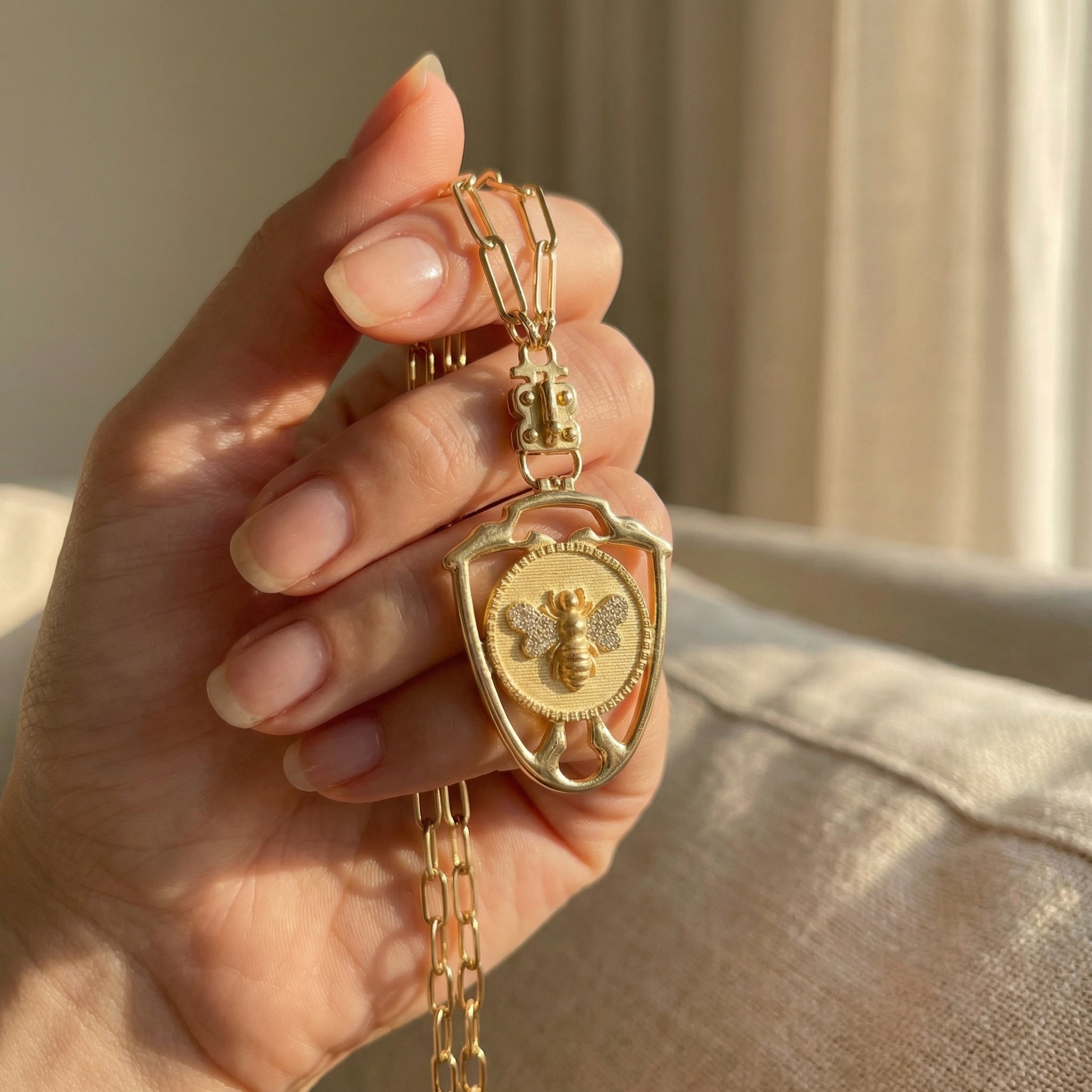 Diamond Winged Queen Bee Pendant within Shield Design – Sterling or Vermeil