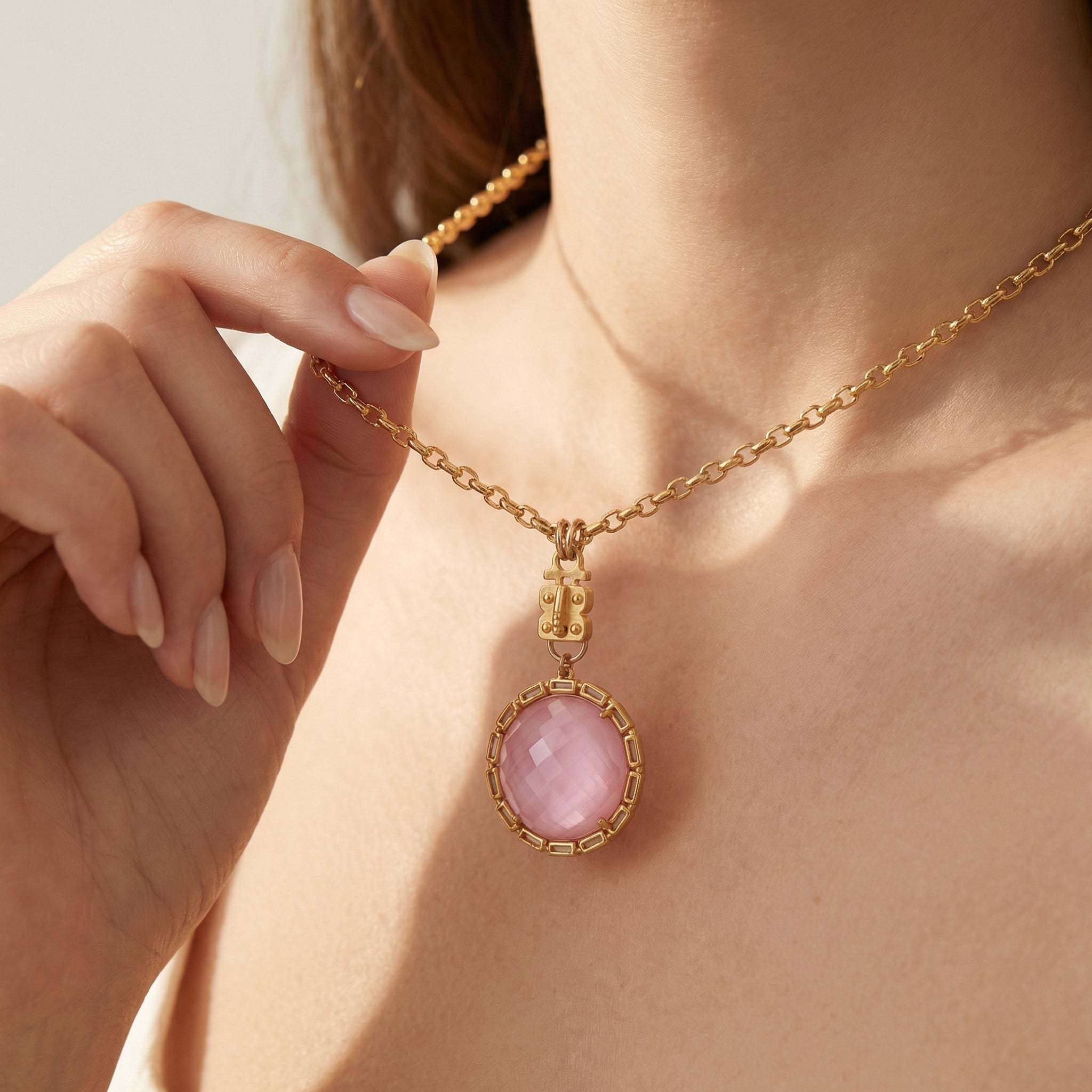 Maxine Round Vignette - Faceted Pink Quartz with Chain Bezel – Vermeil & Sterling