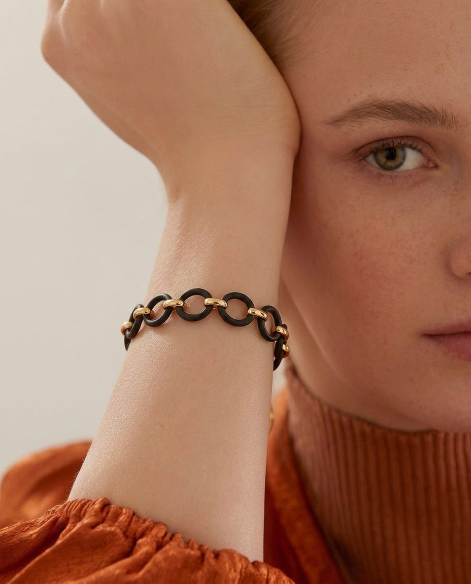 Black & Gold Cable Link Bracelet, 14K GF | Sennod