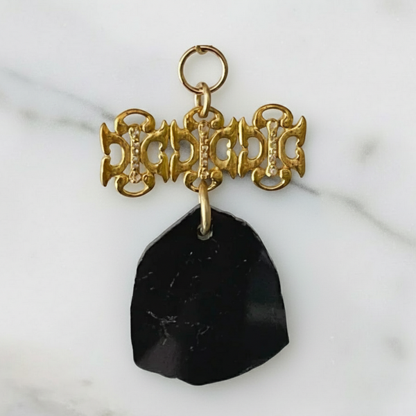 Polished Black Tourmaline Pendant with Golden Diamond Baronet Bar – Vermeil & Gold-Filled