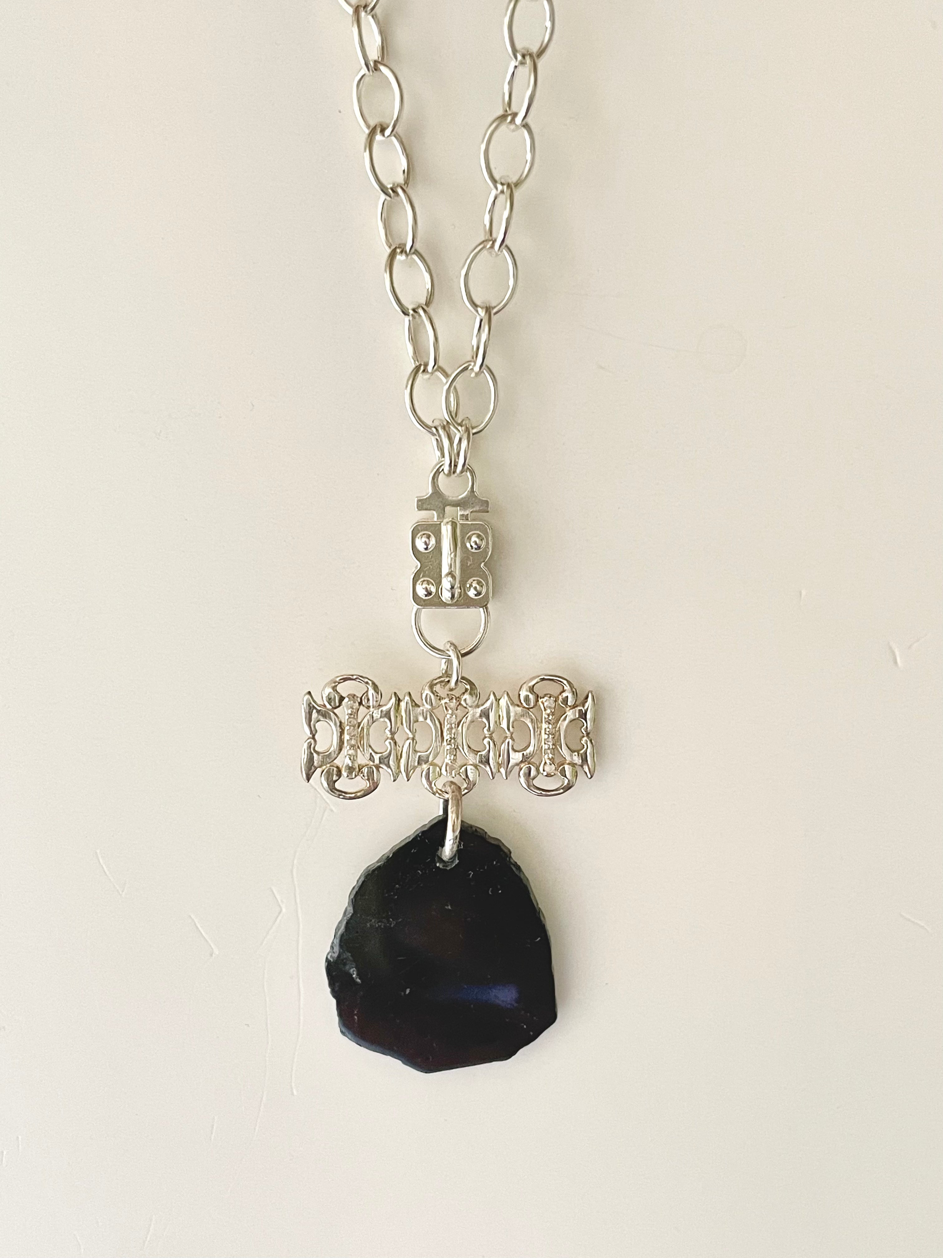 Stone w/ Diam. Baronet Bar- Black Tourmaline- Silver