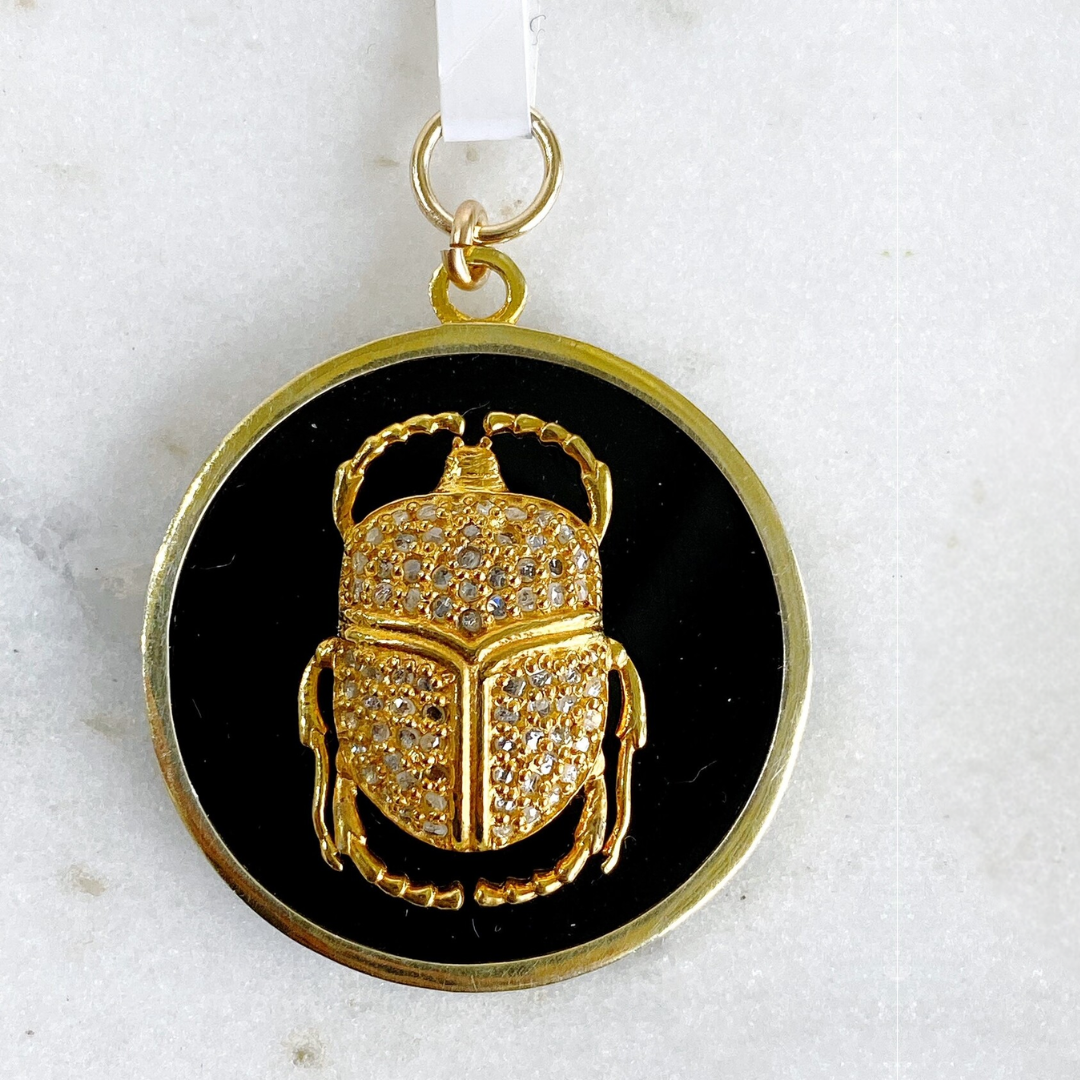 Diamond Scarab Pendant on Black Onyx Disc – Vermeil &amp; Gold-Filled
