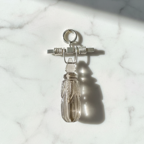 Intricately Carved Smoky Quartz Tear Pendant with Sterling Silver Bar – Sterling Silver