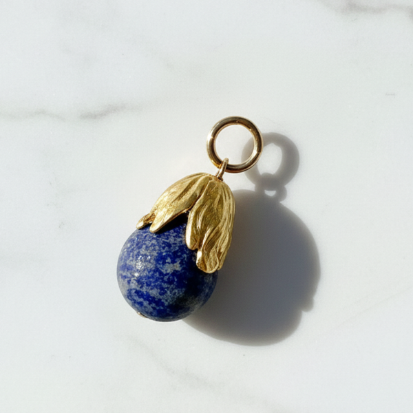 Lapis Ball Pendant with Golden Petal Cap – Gold Filled & Vermeil