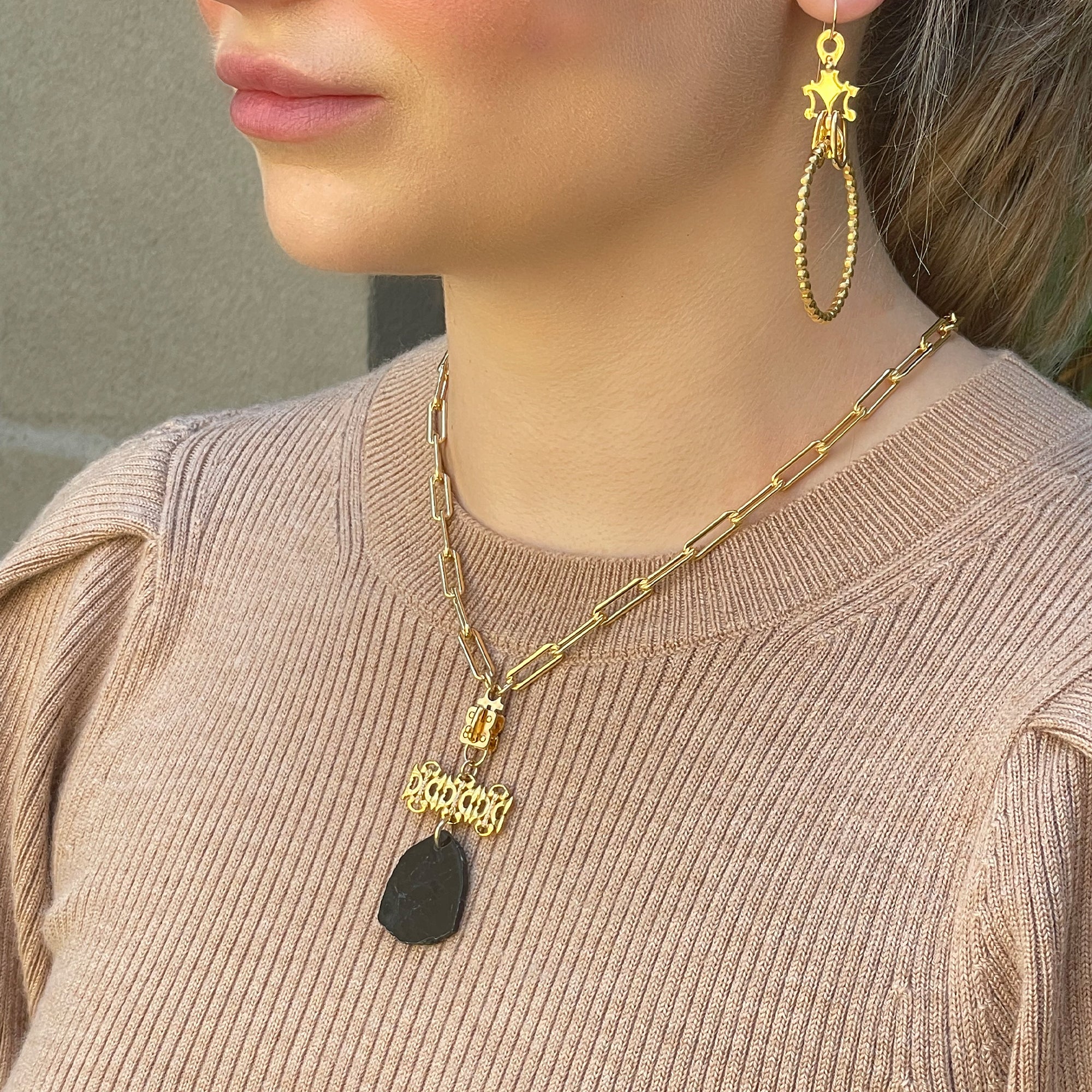 Stone w/ Diam. Baronet Bar- Black Tourmaline- Gold