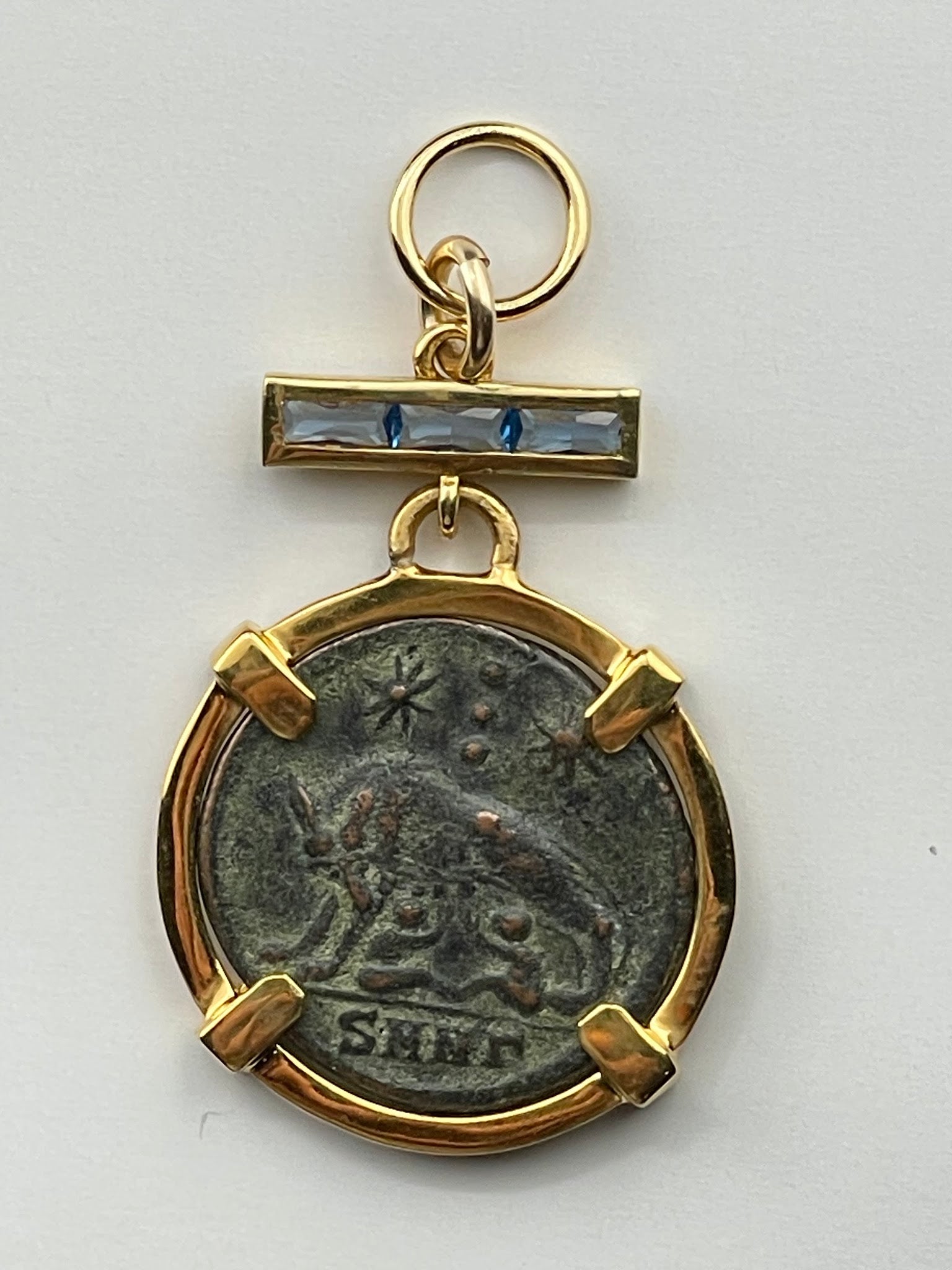 Roman "Romulus & Remus" Coin w/ Blue Topaz Bar
